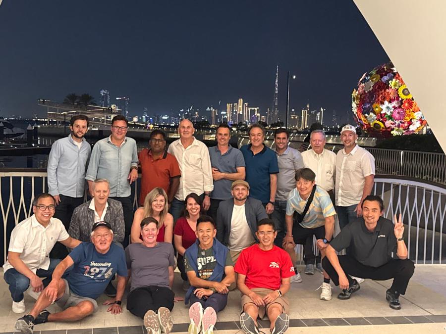 A large pickleball group after an evening session in Singapore